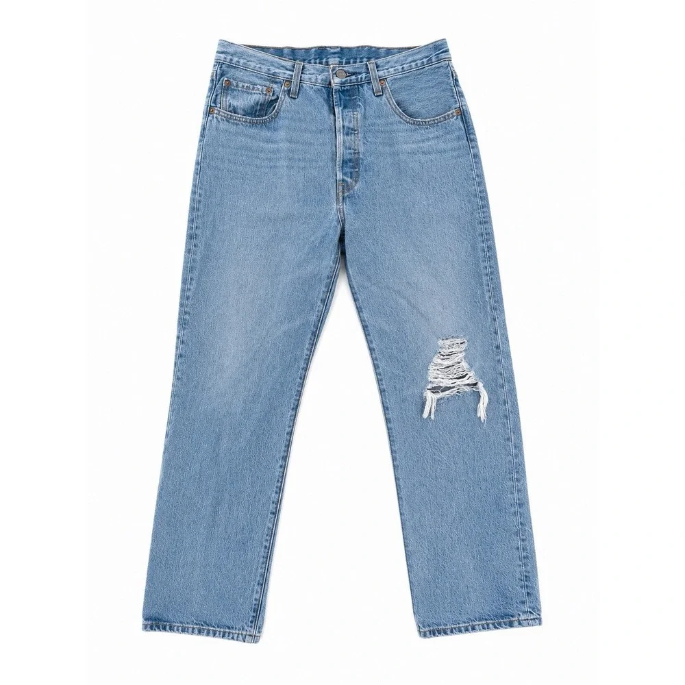 Levis Premium 501 W31 L28 Blue Cotton Ripped Straight‎ Leg Jeans Y2K